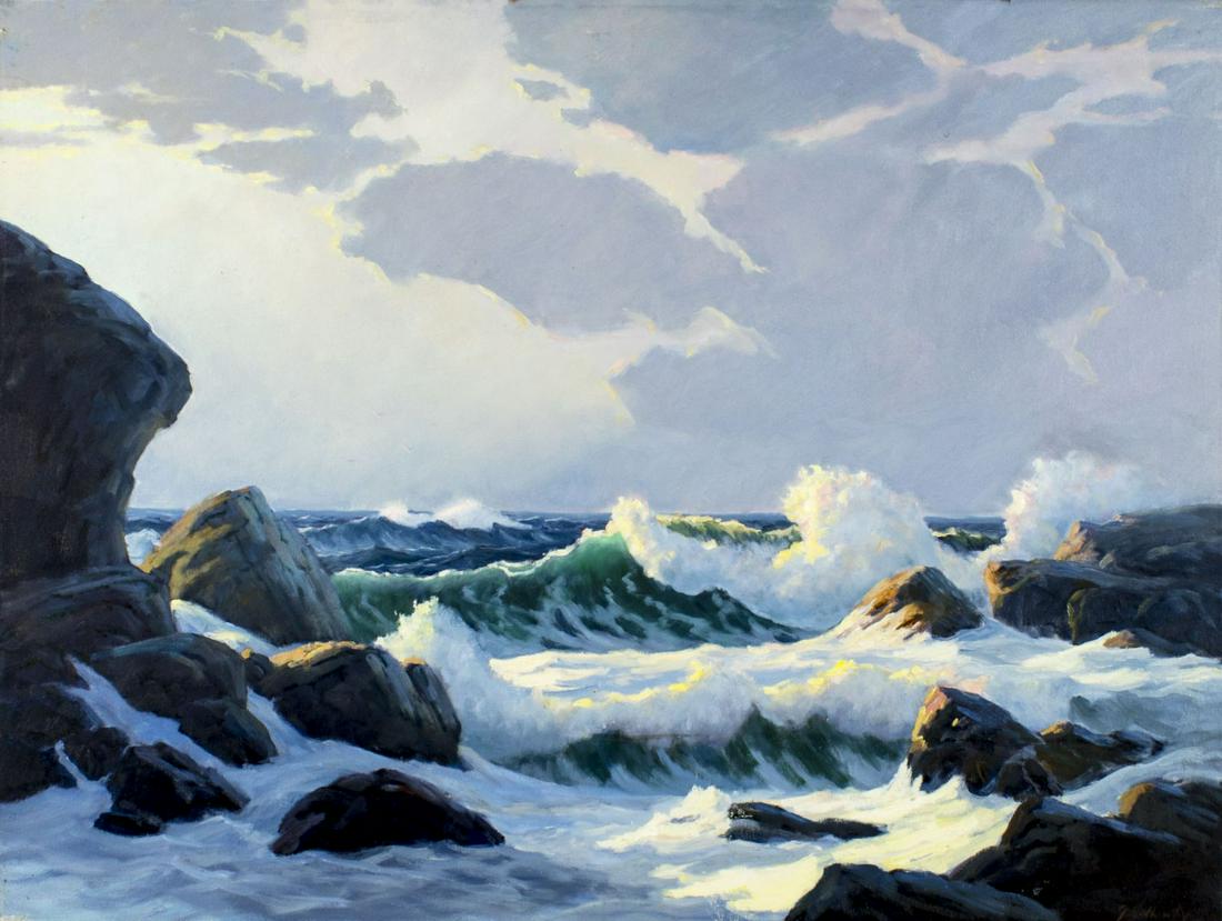 George Holloway (NJ,20C) oil painting: ARTIST: George Holloway (New Jersey, 20 century) TITLE: Seascape MEDIUM: oil on canvas CONDITION: Very good. No visible inpaint under UV light. ART SIZE: 30 x 40 inches / 76 x 101 cm FRAME SIZE: unfra