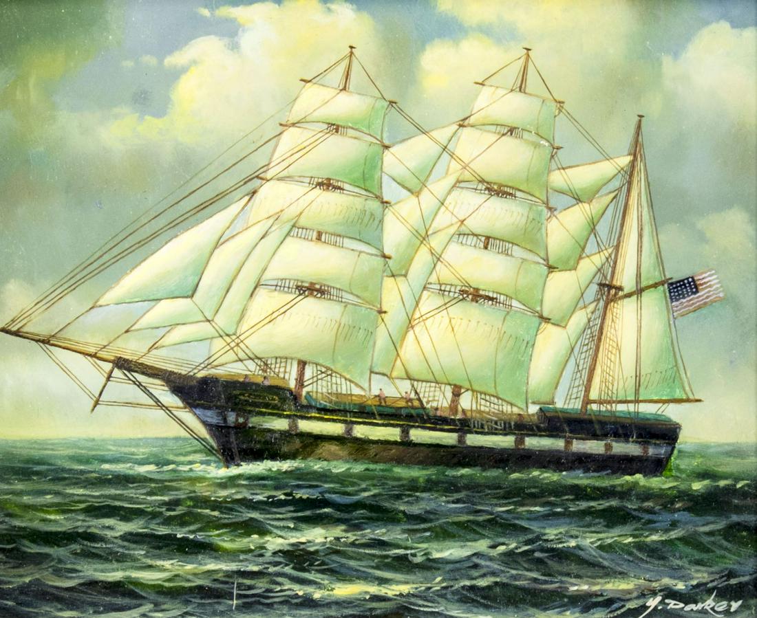 Vintage 20C American oil painting: ARTIST: - (American, 20 century) NAME: Sail Ship MEDIUM: oil on board CONDITION: Very good. No visible inpaint under UV light. SIGHT SIZE: 8 x 10 inches / 20 x 25 cm FRAME SIZE: 20 x 22 inches / 50 x 
