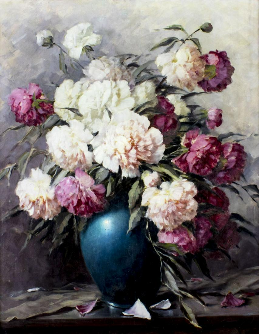 Adrienne Deak Henczne (Hungary,1890-1956) oil painting: ARTIST: Adrienne Hermine Deak Henczne (Hungarian, 1890 - 1956) TITLE: Still Life - Peonis in a Blue Vase MEDIUM: oil on canvas CONDITION: Minor craquelure. No visible inpaint under UV light. ART SIZE: