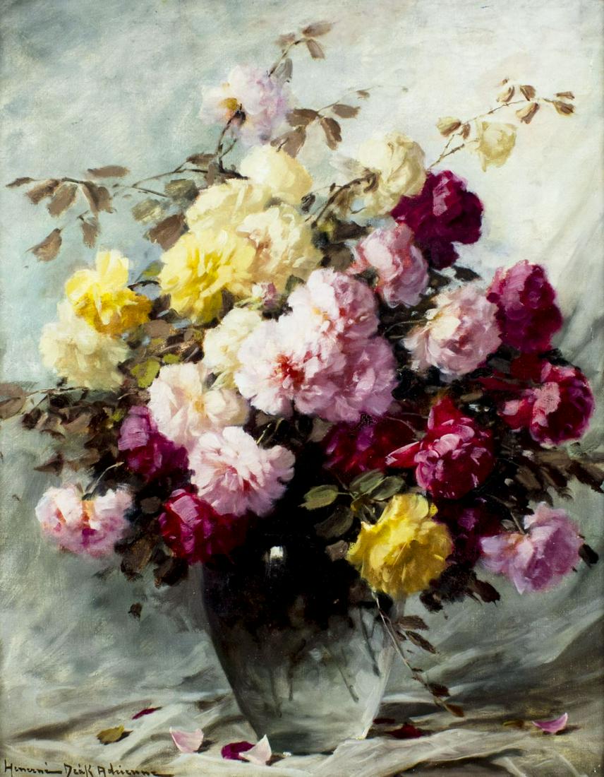 Adrienne Deak Henczne (Hungary,1890-1956) oil painting: ARTIST: Adrienne Hermine Deak Henczne (Hungarian, 1890 - 1956) TITLE: Still Life - Summer Flowers in a Vase MEDIUM: oil on canvas CONDITION: Missing a few flakes of paint. Minor craquelure. No visible