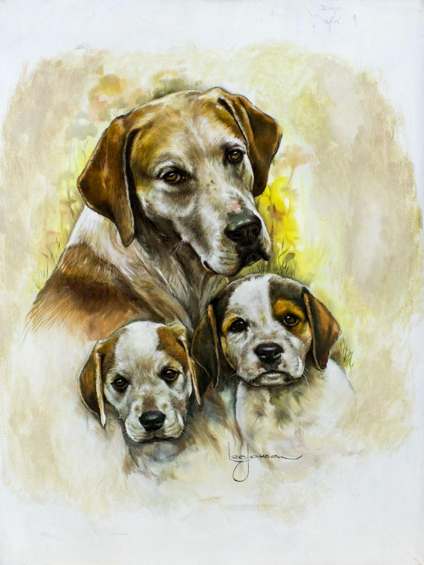 Leo Jansen (CA,NY,Dutch,1930-1980) oil painting: ARTIST: Leo Jansen (California, New York, Netherlands, 1930 - 1980) TITLE: Three Dogs MEDIUM: oil on canvas CONDITION: Very good. No visible inpaint under UV light. ART SIZE: 24 x 18 inches / 60 x 45