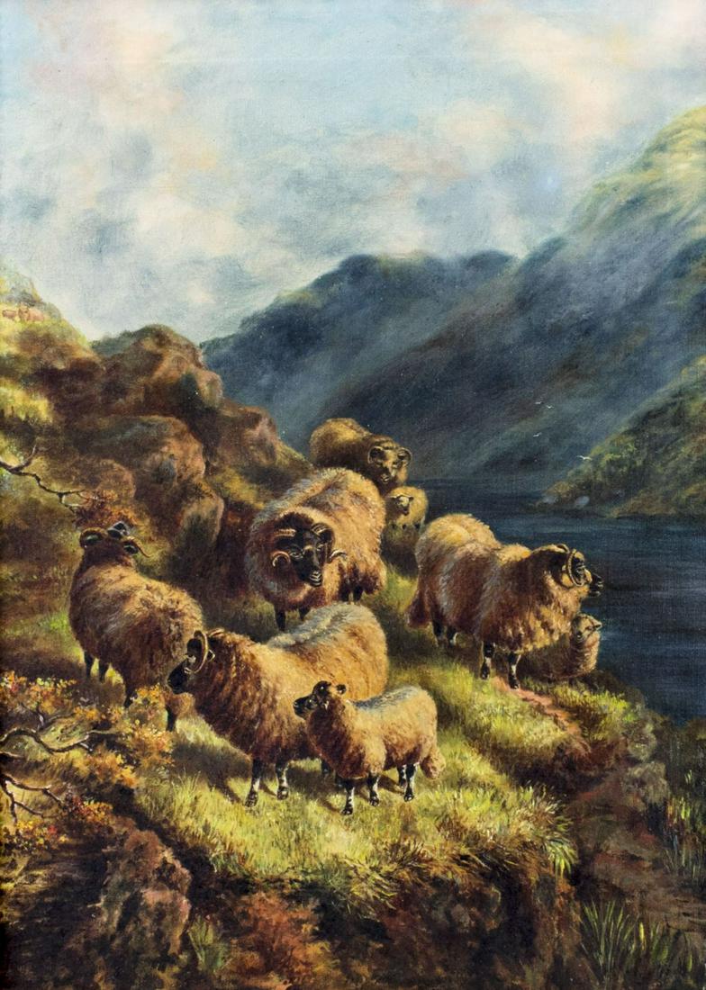 Antique ealy 20C British oil painting: ARTIST: - (English, early 20 century) TITLE: Mountain Landscape with Sheep MEDIUM: oil on canvas CONDITION: Very minor craquelure. No visible inpaint under UV light. ART SIZE: 24 x 18 inches / 60 x 45
