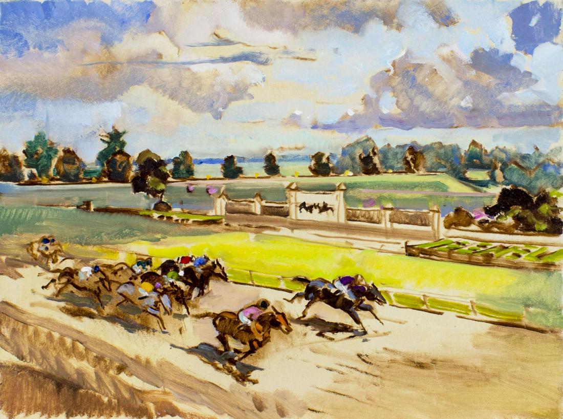 Peter Williams (NY,New Zealand,1934-2018) oil painting: ARTIST: Peter Williams (New York, New Zealand, 1934 - 2018) TITLE: Hialeah Racing Scene MEDIUM: oil on canvas CONDITION: Very good. No visible inpaint under UV light. ART SIZE: 18 x 24 inches / 45 x 6