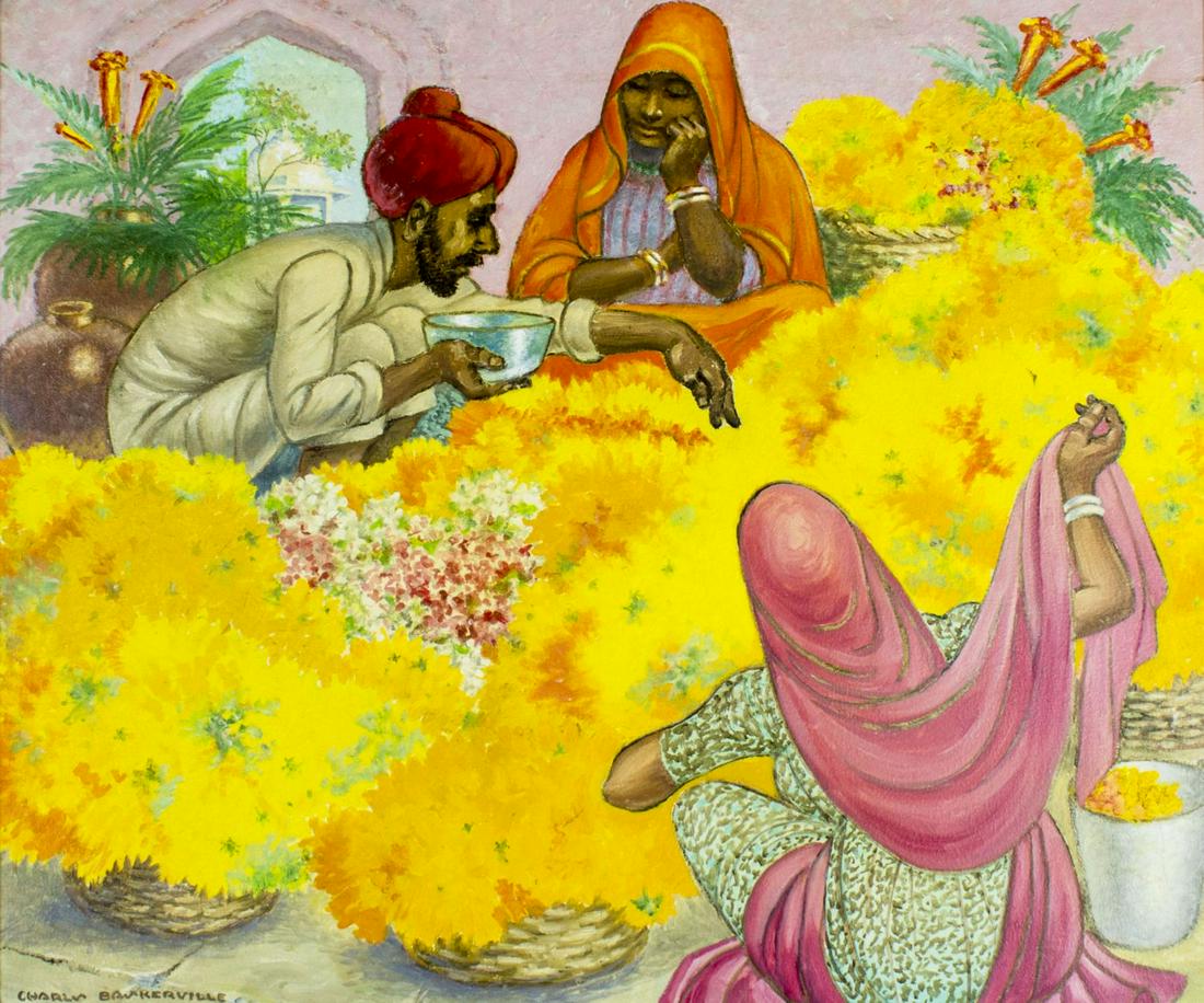 Charles Baskerville Jr (NY,NC,1896-1994) oil painting: ARTIST: Charles Baskerville Jr (New York, North Carolina, 1896 - 1994) NAME: Indian Flower Sellers MEDIUM: oil on canvas CONDITION: Very good. Very minor craquelure. No visible inpaint under UV light.