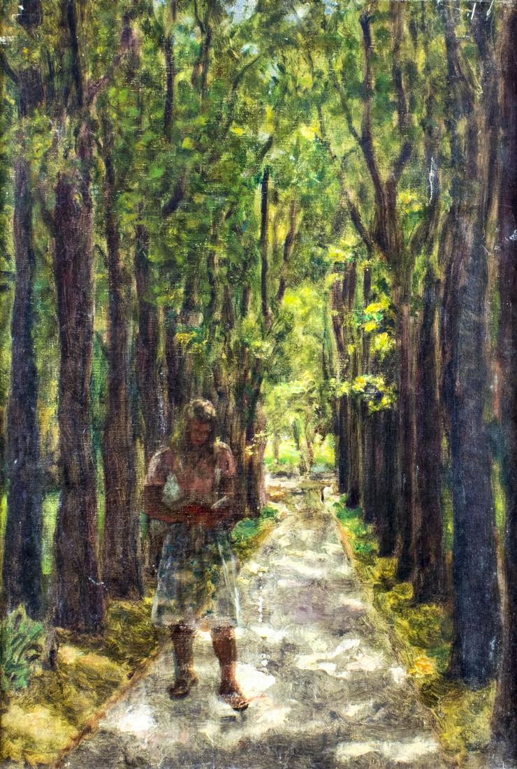Antique mid 20C Estonian oil painting: ARTIST: - (Estonian, mid 20 century) NAME: Woman in Park MEDIUM: oil on canvas CONDITION: Some scrathes/paint losses. One tear 1 1/2" long. Old patch repair to right edge and another small patch to lo