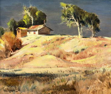 Paul Lauritz (California,1889-1975) oil painting: ARTIST: Paul Lauritz (California, 1889 - 1975) NAME: Country Landscape MEDIUM: oil on canvas CONDITION: Missing a few flakes of paint. Minor craquelure. No visible inpaint under UV light. SIGHT SIZE: