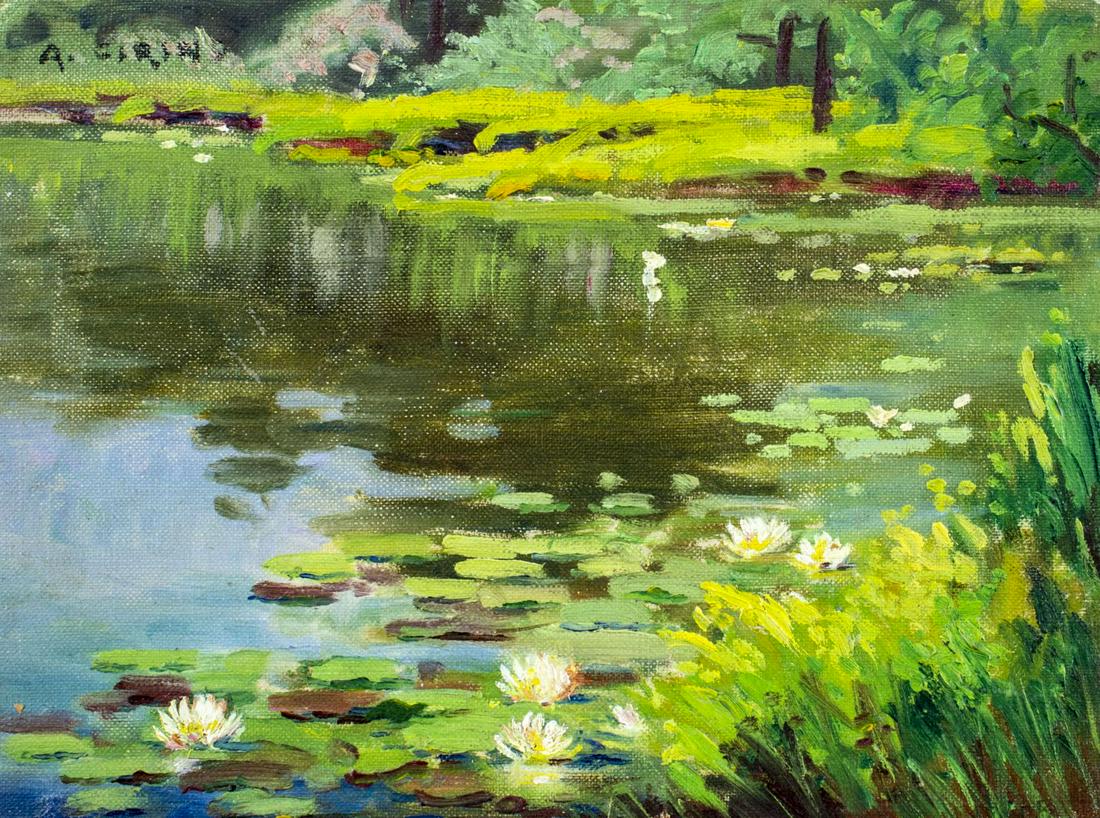 Antonio Cirino (RI,Italy,1889-1983) oil painting: ARTIST: Antonio Cirino (Rhode Island, Italian, 1889 - 1983) NAME: Pond Landscape MEDIUM: oil on canvas. Canvas applied to board. CONDITION: Normal wear to edges and corners. No visible inpaint under U