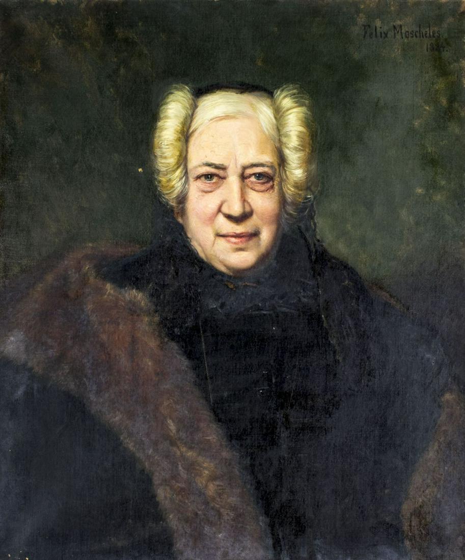 Felix Moscheles (UK,1833-1917) oil painting antique: ARTIST: Felix Moscheles (British, 1833 - 1917) NAME: Portrait of Old Woman YEAR: 1884 MEDIUM: oil on canvas CONDITION: One puncture. Very minor craquelure. No visible inpaint under UV light. SIGHT SIZ