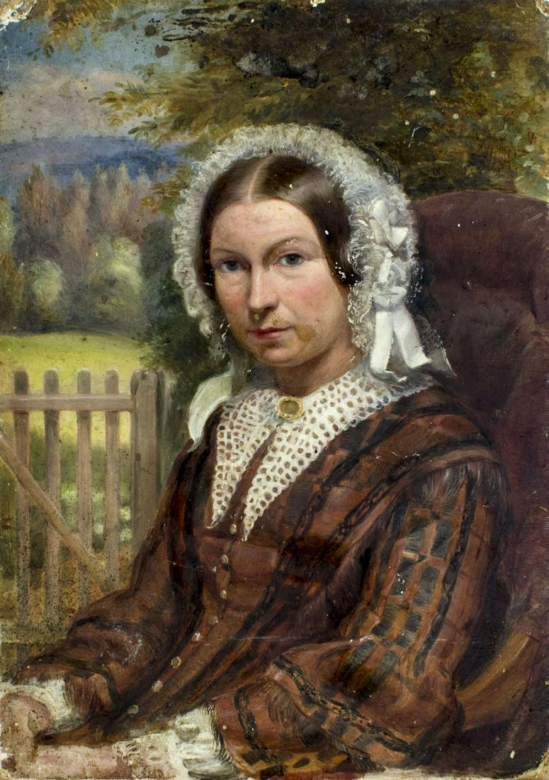 Antique 19C British oil painting portrait: ARTIST: - (United Kingdom, 19 century) NAME: Portrait of Woman YEAR: circa 1900 MEDIUM: oil on board CONDITION: Some damages to corners. Few minor paint losses. No visible inpaint under UV light. SIGH