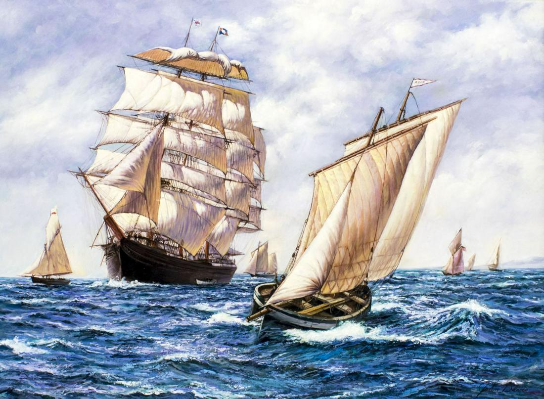 John Davis (US,20C) oil painting: ARTIST: John Davis (American, 20 century) NAME: Boats at Sea MEDIUM: oil on canvas CONDITION: Very good. No visible inpaint under UV light SIGHT SIZE: 30 x 40 inches / 76 x 101 cm FRAME SIZE: 34 x 44