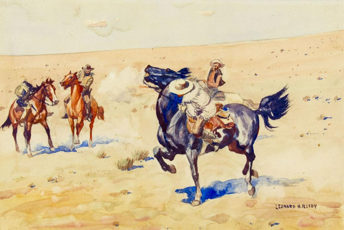 Leonard Howard Reedy (IL,1899-1956) watercolor painting: ARTIST: Leonard Howard Reedy (Illinois, 1899 - 1956) NAME: The Gun Fight MEDIUM: watercolor on paper CONDITION: Some age toning. Framed under glass. SIGHT SIZE: 8 x 12 inches / 20 x 30 cm FRAME SIZE: 