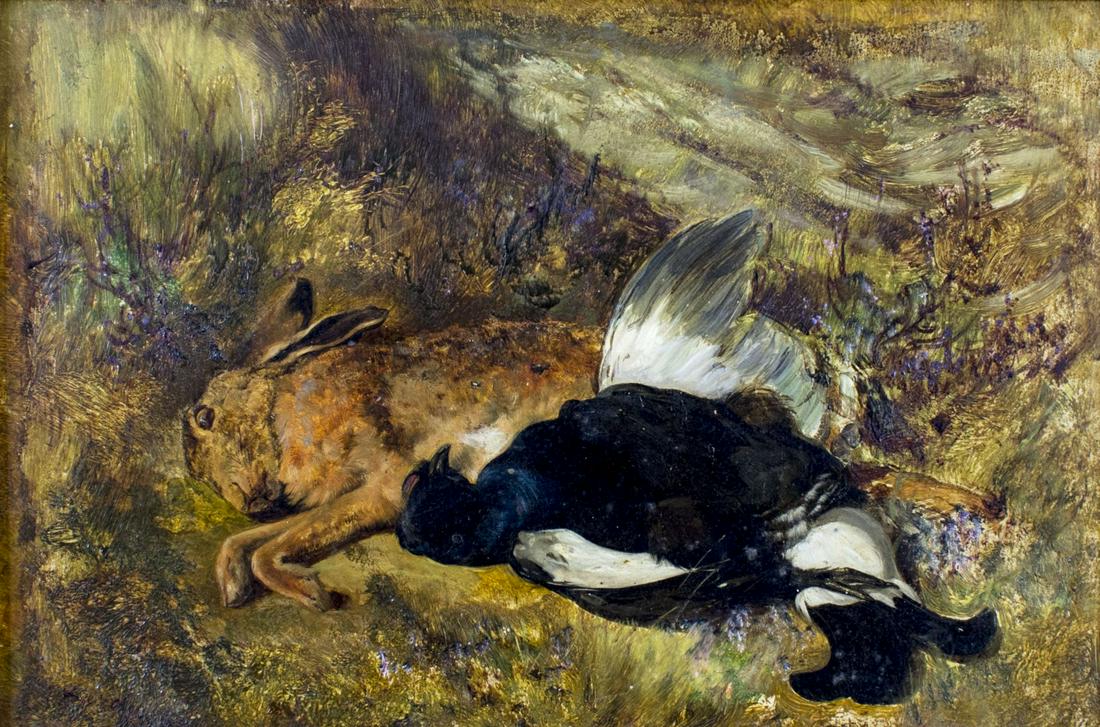 Antique 19C British oil painting: ARTIST: - (British, 19 century) TITLE: Still Life with Dead Game MEDIUM: oil on board CONDITION: Some minor scratches. No visible inpaint under UV light. ART SIZE: 9 x 12 inches / 22 x 30 cm FRAME SIZ