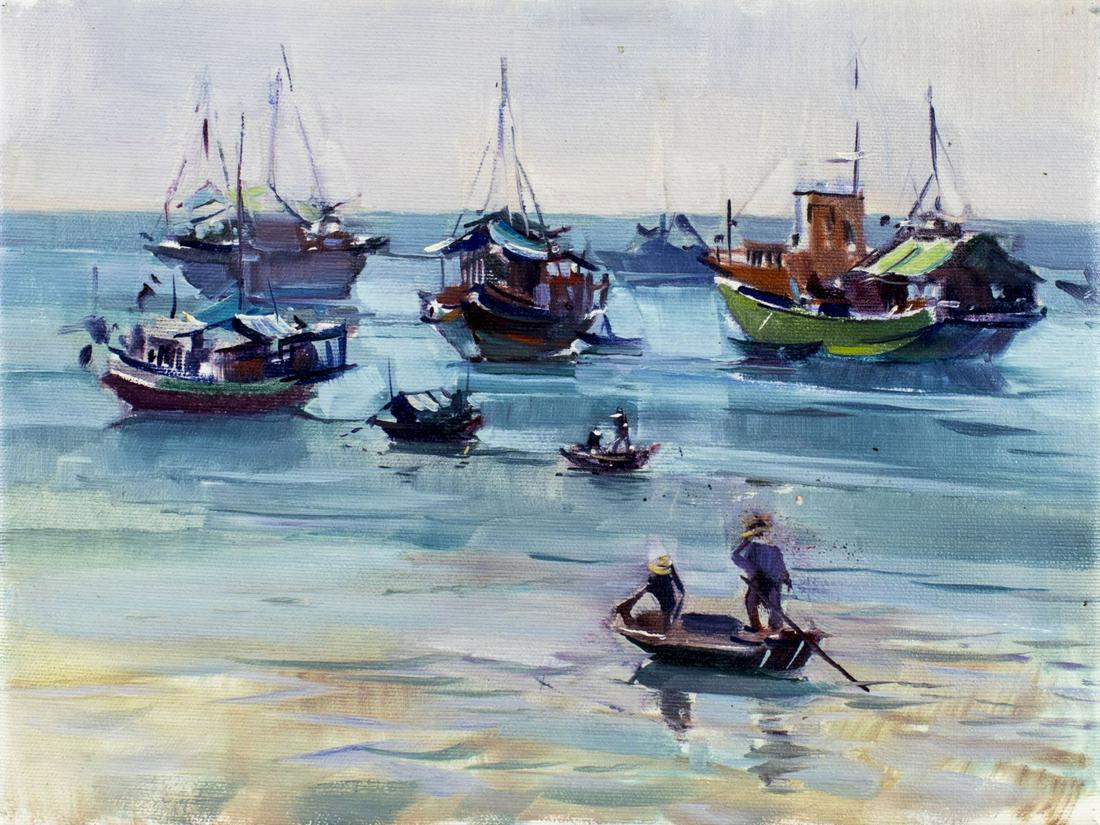 Peter Williams (NY,New Zealand,1934-2018) oil painting: ARTIST: Peter Williams (New York, New Zealand, 1934 - 2018) TITLE: Harbor Scene MEDIUM: oil on canvas CONDITION: Very good. No visible inpaint under UV light. ART SIZE: 12 x 16 inches / 30 x 40 cm FRA