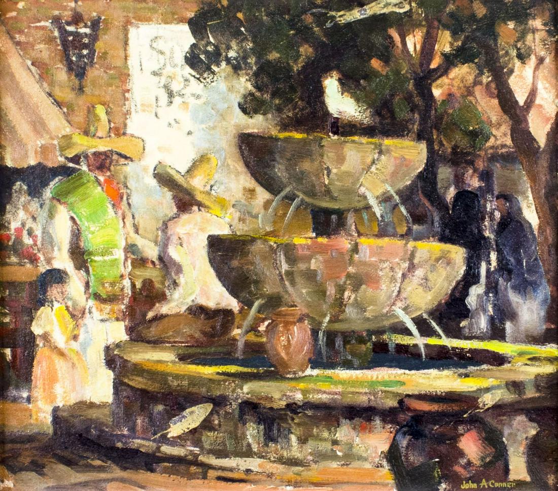 John Conner (CA,IL,1892-1971) oil painting: ARTIST: John Anthony Conner (California, Illinois, 1892 - 1971) TITLE: Mexican Street Scene MEDIUM: oil on board CONDITION: Very minor craquelure. No visible inpaint under UV light. Wear to frame. ART