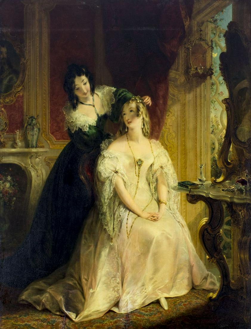 Edmond Thomas Parris (UK,1793-1873) oil painting antique: ARTIST: Edmond Thomas Parris (British, 1793 - 1873) NAME: The Bride (titled on verso) YEAR: 1831 MEDIUM: oil on board CONDITION: Two cracks to board by the lower edge (7" longest). Some craquelure. No