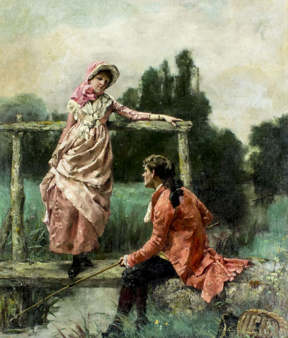 Henry John Yeend King (UK,1855-1924) oil painting antique: ARTIST: Henry John Yeend King (British, 1855 - 1924) NAME: Lovers at the Pond MEDIUM: oil on canvas CONDITION: Relined. Restretched. Minor craquelure. No visible inpaint under UV light. Wear to frame.