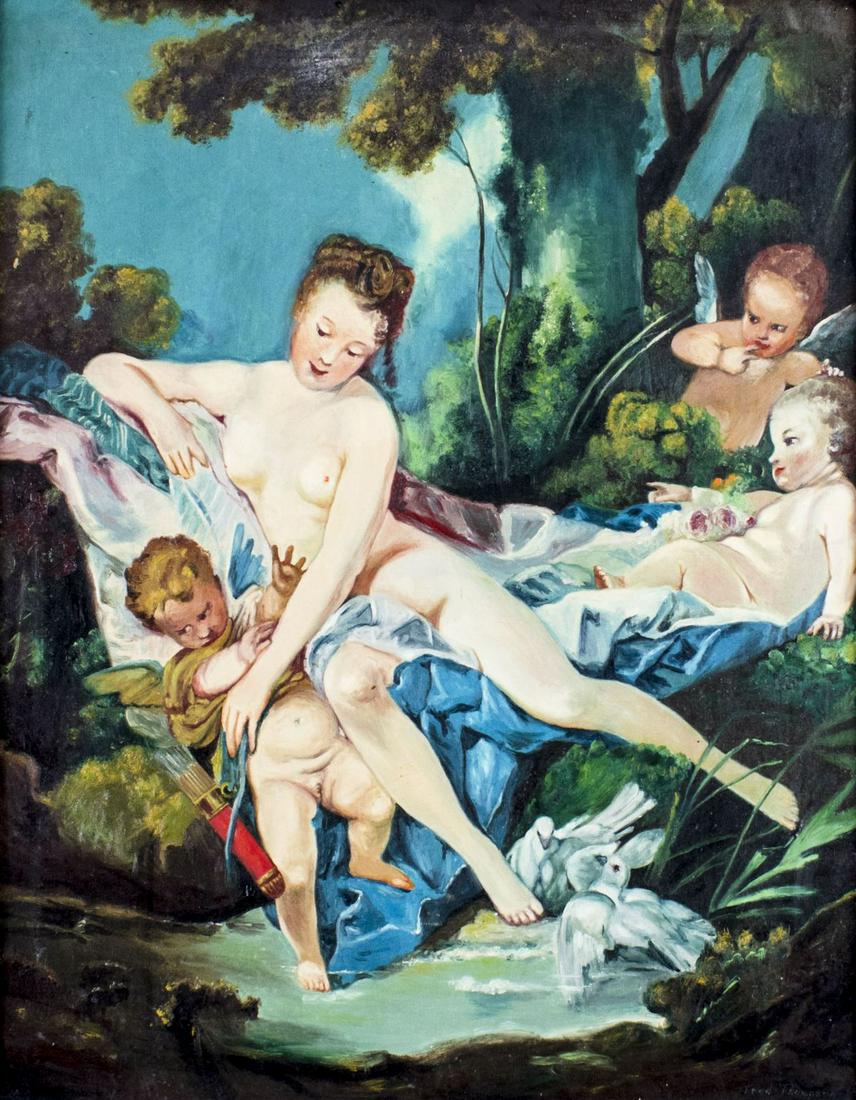 Fred Thompson (US,mid 20C) oil painting: ARTIST: Fred Tompson (American, mid 20 century) TITLE: Mythological Scene MEDIUM: oil on canvas CONDITION: Minor craquelure. No visible inpaint under UV light. ART SIZE: 30 x 24 inches / 76 x 60 cm FR