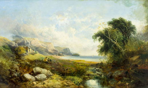 George William Horlor (UK,1823-1895) oil painting antique: ARTIST: George William Horlor (British, 1823 - 1895) TITLE: Mountain Lake Landscape MEDIUM: oil on canvas. Canvas applied to board. CONDITION: Minor craquelure. Some scattered inpaintings under UV lig