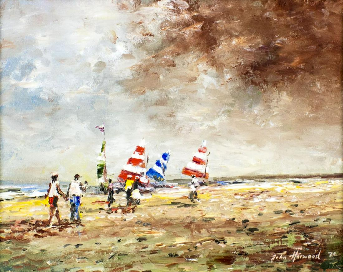 John Horwood (UK,1934-1994) oil painting: ARTIST: John Anthony Horwood (British, 1934 - 1994) TITLE: Sailboats (titled on verso) YEAR: 1976 MEDIUM: oil on canvas CONDITION: Very good. No visible inpaint under UV light. ART SIZE: 11 x 14 inche