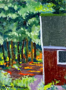 August Mosca (CT,NY,Italy,1909-2002) oil painting: ARTIST: August Mosca (Connecticut, New York, Italian, 1909 - 2002) TITLE: Corner Of My Studio (titled on label) YEAR: 1984 MEDIUM: oil on canvas. Canvas applied to board. CONDITION: Few minor scratche