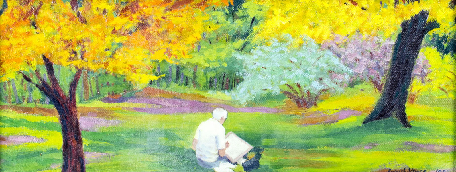 August Mosca (CT,NY,Italy,1909-2002) oil painting: ARTIST: August Mosca (Connecticut, New York, Italian, 1909 - 2002) TITLE: Artist in Park YEAR: 1985 MEDIUM: oil on canvas. Canvas applied to board. CONDITION: Very good. No visible inpaint under UV li