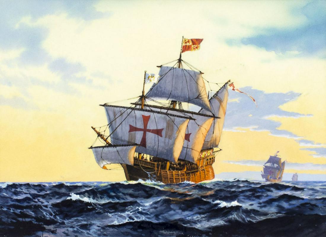 Montague J Dawson (UK,1890-1973) watercolor painting: ARTIST: Montague J Dawson (British, 1890 - 1973) TITLE: Sail Ship MEDIUM: watercolor on paper CONDITION: Very good. Framed under glass. ART SIZE: 10 x 14 inches / 25 x 35 cm FRAME SIZE: 19 x 22 inches