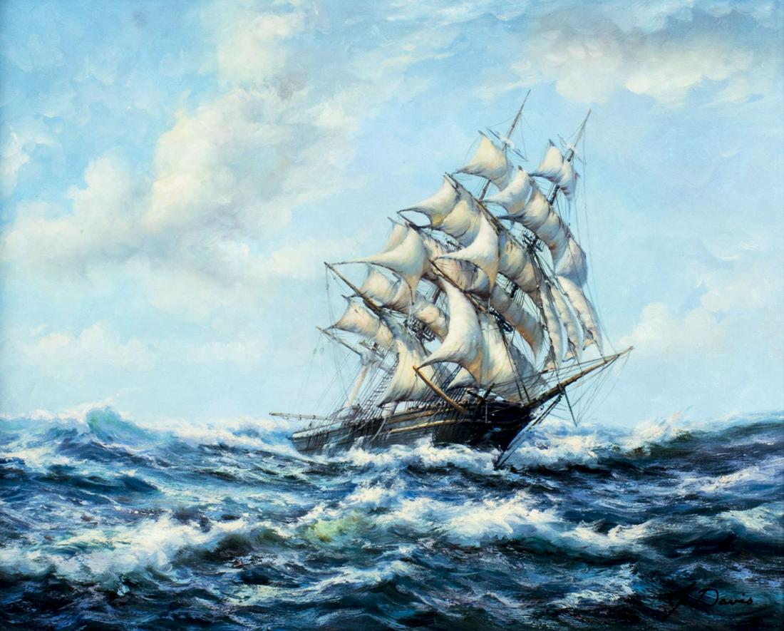 John Davis (US,20C) oil painting: ARTIST: John Davis (American, 20 century) NAME: Sail Ship in Rough Seas MEDIUM: oil on canvas CONDITION: Very good. No visible inpaint under UV light. SIGHT SIZE: 16 x 20 inches / 40 x 50 cm FRAME SIZ