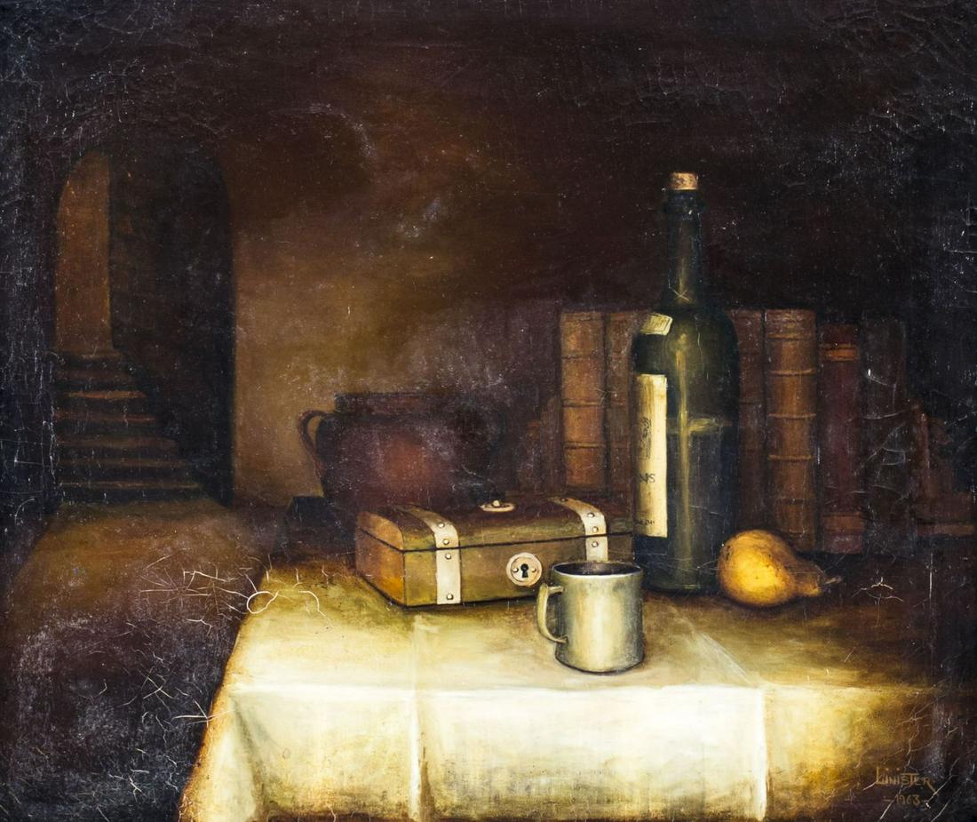 G Linister Smith (MO,IL,1938-2018) oil painting: ARTIST: Gordon Smith Linister (Missouri, Illinois, 1938 - 2018) NAME: Still Life YEAR: 1963 MEDIUM: oil on canvas CONDITION: Some craquelure. No visible inpaint under UV light. SIGHT SIZE: 20 x 24 inc