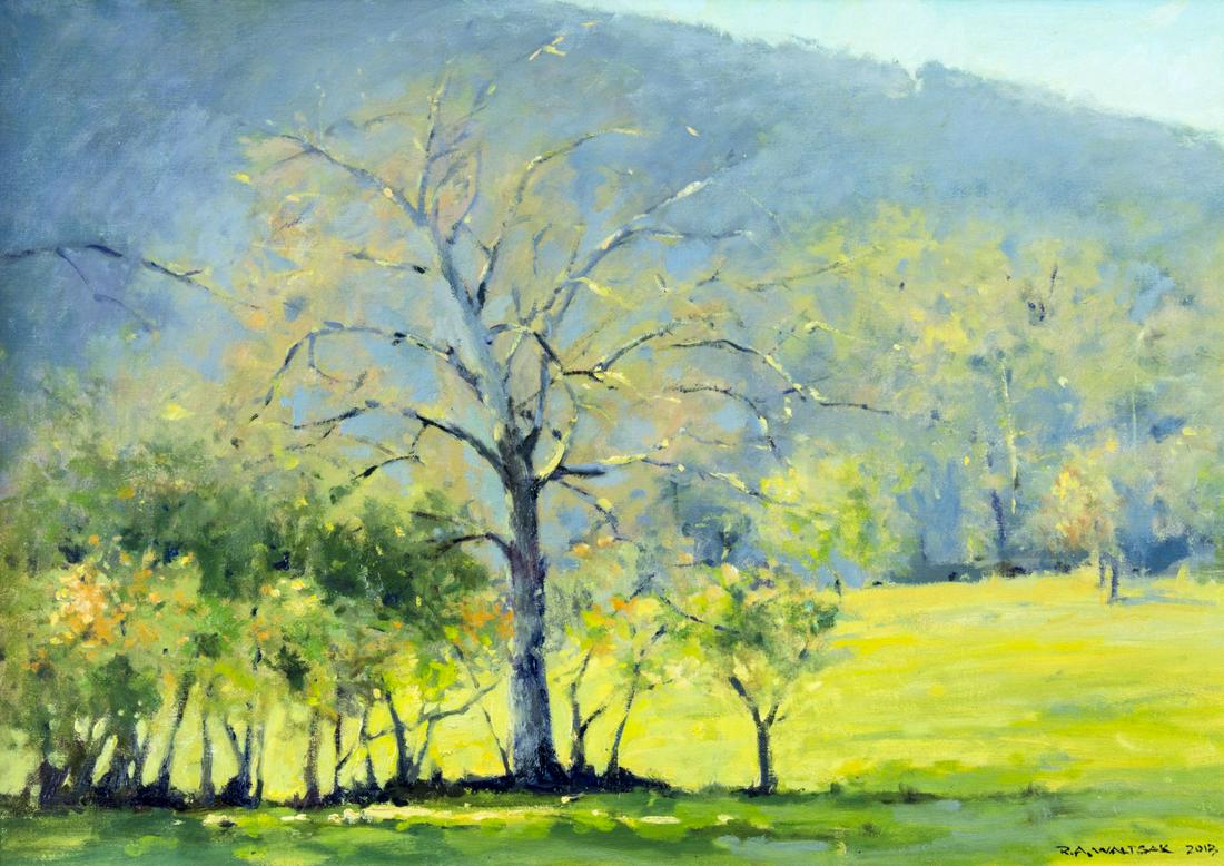 Robert Waltsak (NJ,b 1944) oil painting: ARTIST: Robert Alan Waltsak (New Jersey, born 1944) TITLE: Forest Landscape YEAR: 2013 MEDIUM: oil on canvas CONDITION: Very good. No visible inpaint under UV light. Wear to frame. ART SIZE: 20 x 31 i