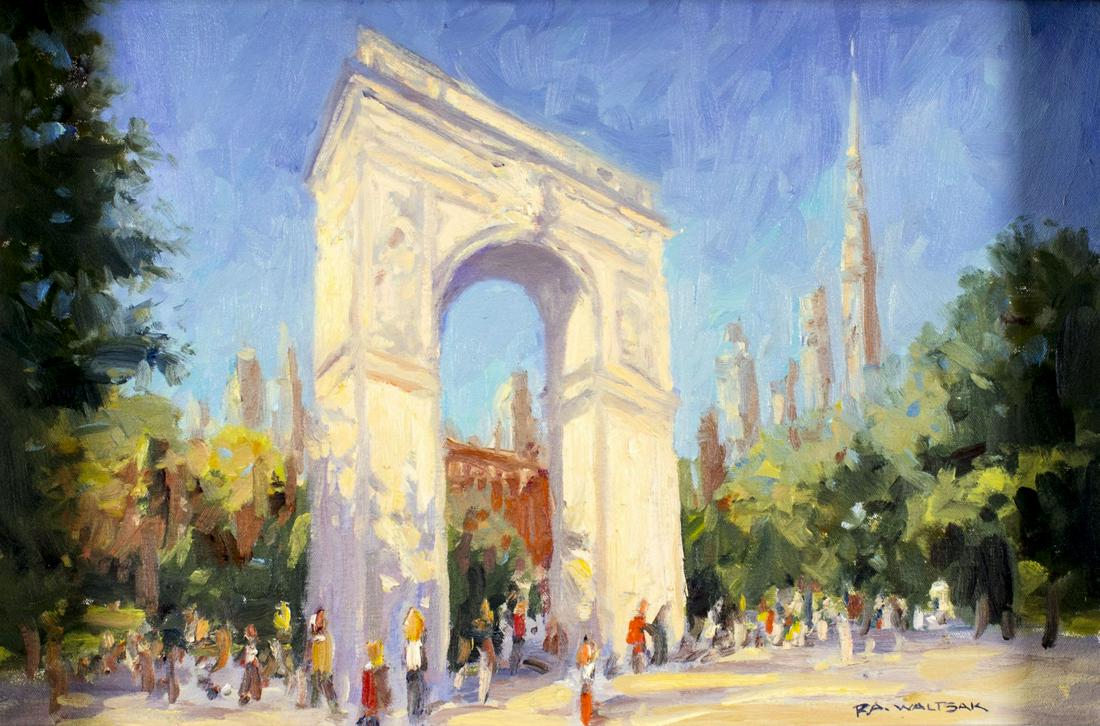 Robert Waltsak (NJ,b 1944) oil painting: ARTIST: Robert Alan Waltsak (New Jersey, born 1944) TITLE: Washington Street Scene MEDIUM: oil on canvas CONDITION: Missing one flake of paint. No visible inpaint under UV light. ART SIZE: 16 x 24 inc