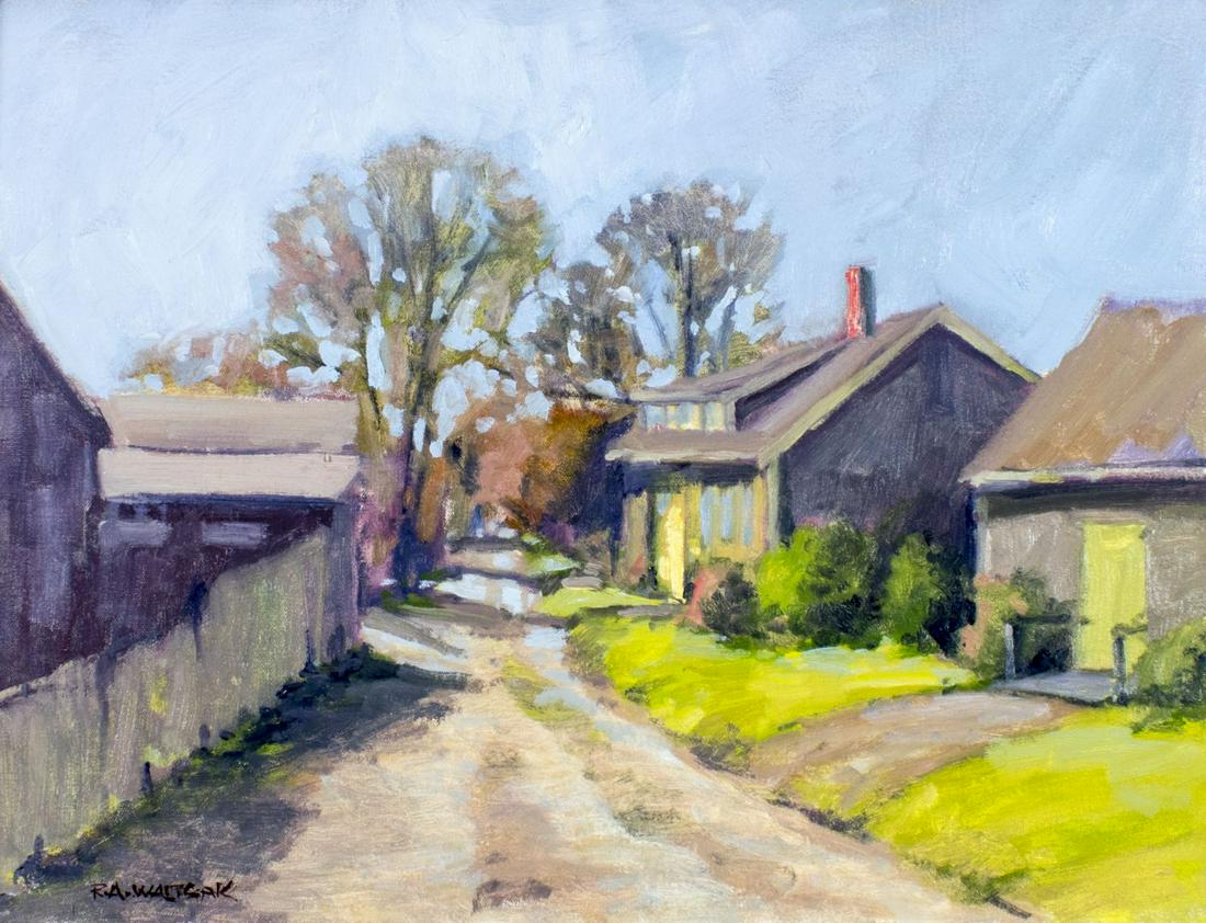 Robert Waltsak (NJ,b 1944) oil painting: ARTIST: Robert Alan Waltsak (New Jersey, born 1944) TITLE: Street in Nuntucket (titled on verso) YEAR: 2014 MEDIUM: oil on canvas CONDITION: Very good. No visible inpaint under UV light. Wear to frame