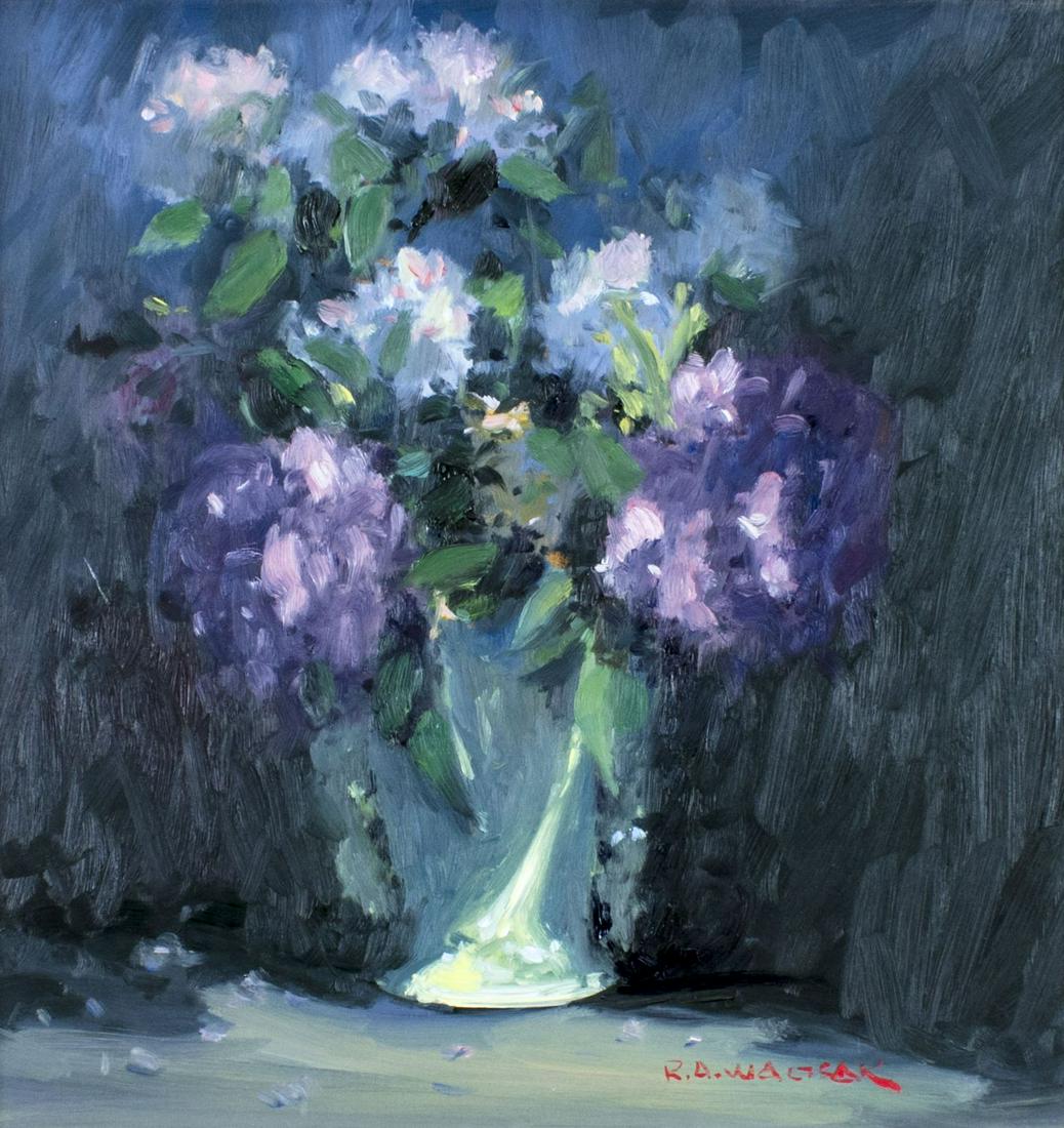 Robert Waltsak (NJ,b 1944) oil painting: ARTIST: Robert Alan Waltsak (New Jersey, born 1944) TITLE: Still Life with Vase of Flowers MEDIUM: oil on board CONDITION: One scratch 1 1/2" long by the left edge. No visible inpaint under UV light. 