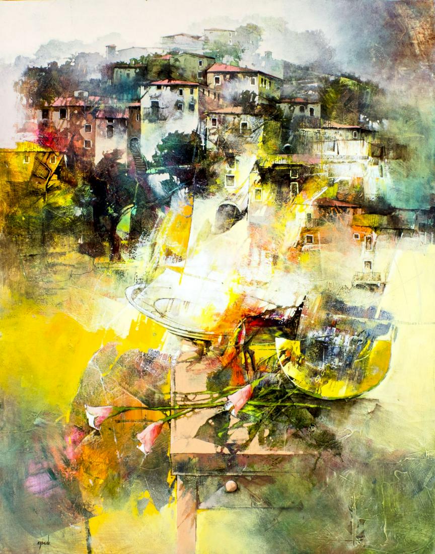 Nadia Cascini (Italy,b 1970) oil painting: ARTIST: Nadia Cascini (Italian, born 1970) TITLE: Piu Vicino A Me (titled on verso) MEDIUM: oil on canvas CONDITION: One small patch. Few minor scratches/paint losses. No visible inpaint under UV ligh