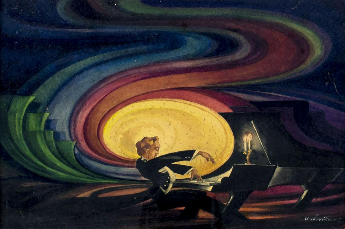 V Novikov (Russia,US,mid 20C) watercolor painting: ARTIST: V Novikov (Russian, American, mid 20 century) TITLE: Piano Player MEDIUM: watercolor on heavy paper CONDITION: Minor foxing. Some age toning. Framed under glass. ART SIZE: 10 x 14 inches / 25 