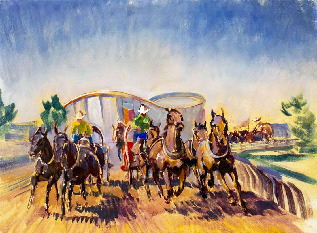 Peter Williams (NY,New Zealand,1934-2018) oil painting: ARTIST: Peter Williams (New York, New Zealand, 1934 - 2018) TITLE: Calvary Stampede MEDIUM: oil on canvas CONDITION: Very good. No visible inpaint under UV light. ART SIZE: 18 x 24 inches / 45 x 60 cm