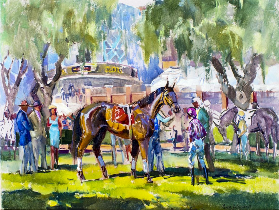 Peter Williams (NY,New Zealand,1934-2018) oil painting: ARTIST: Peter Williams (New York, New Zealand, 1934 - 2018) TITLE: Toronto Paddock MEDIUM: oil on canvas CONDITION: Very good. No visible inpaint under UV light. ART SIZE: 18 x 24 inches / 45 x 60 cm