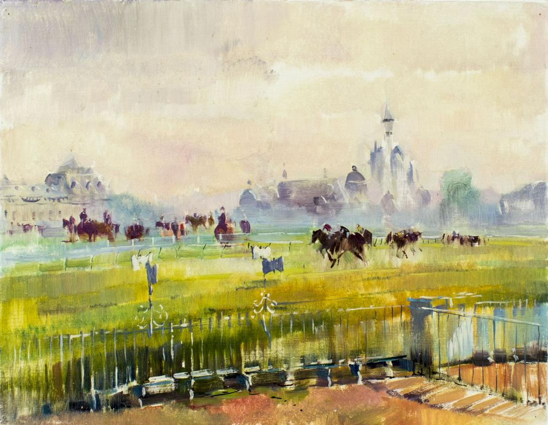 Peter Williams (NY,New Zealand,1934-2018) oil painting: ARTIST: Peter Williams (New York, New Zealand, 1934 - 2018) TITLE: European Racing MEDIUM: oil on canvas CONDITION: Very good. No visible inpaint under UV light. ART SIZE: 14 x 18 inches / 35 x 45 cm