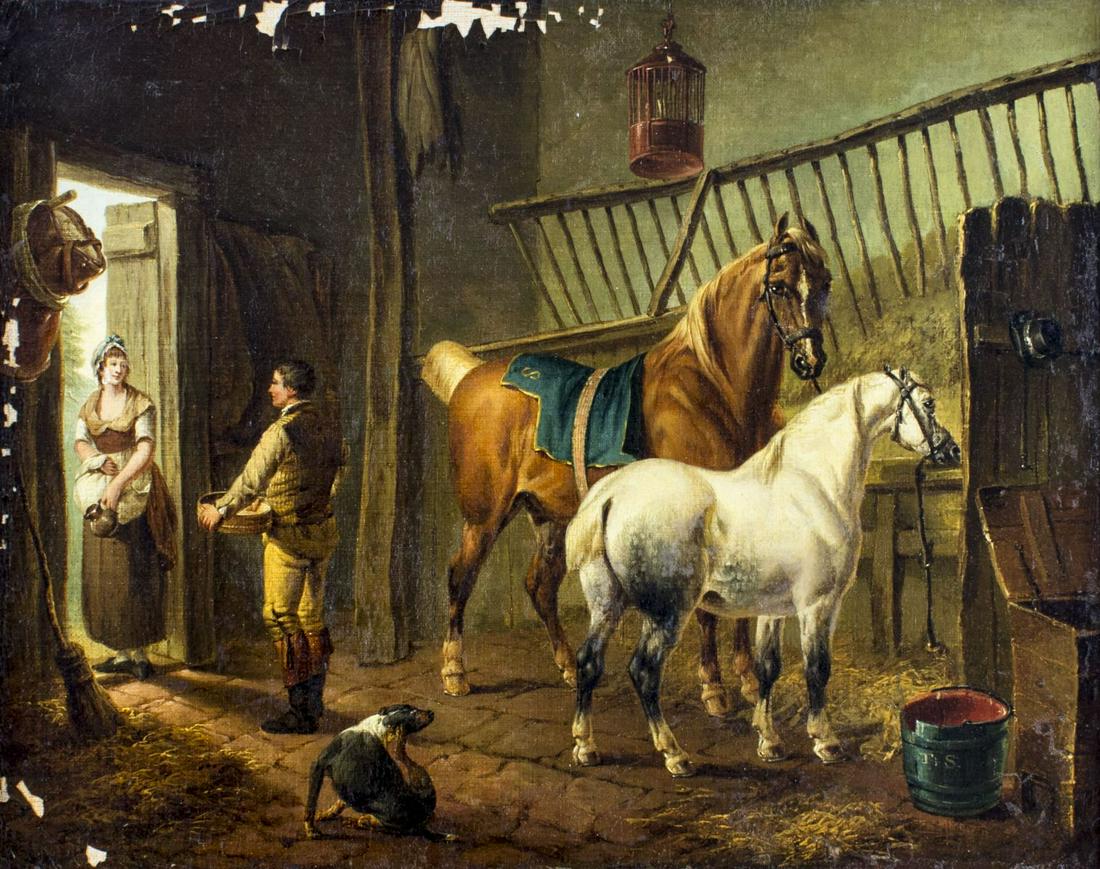 Charles Towne (UK,1763-1840) oil painting antique: ARTIST: Charles Towne (British, 1763 - 1840) TITLE: Barn Scene MEDIUM: oil on canvas CONDITION: Some flaking/paint losses mostly along upper and left edges. Minor craquelure. Some scattered inpaitings