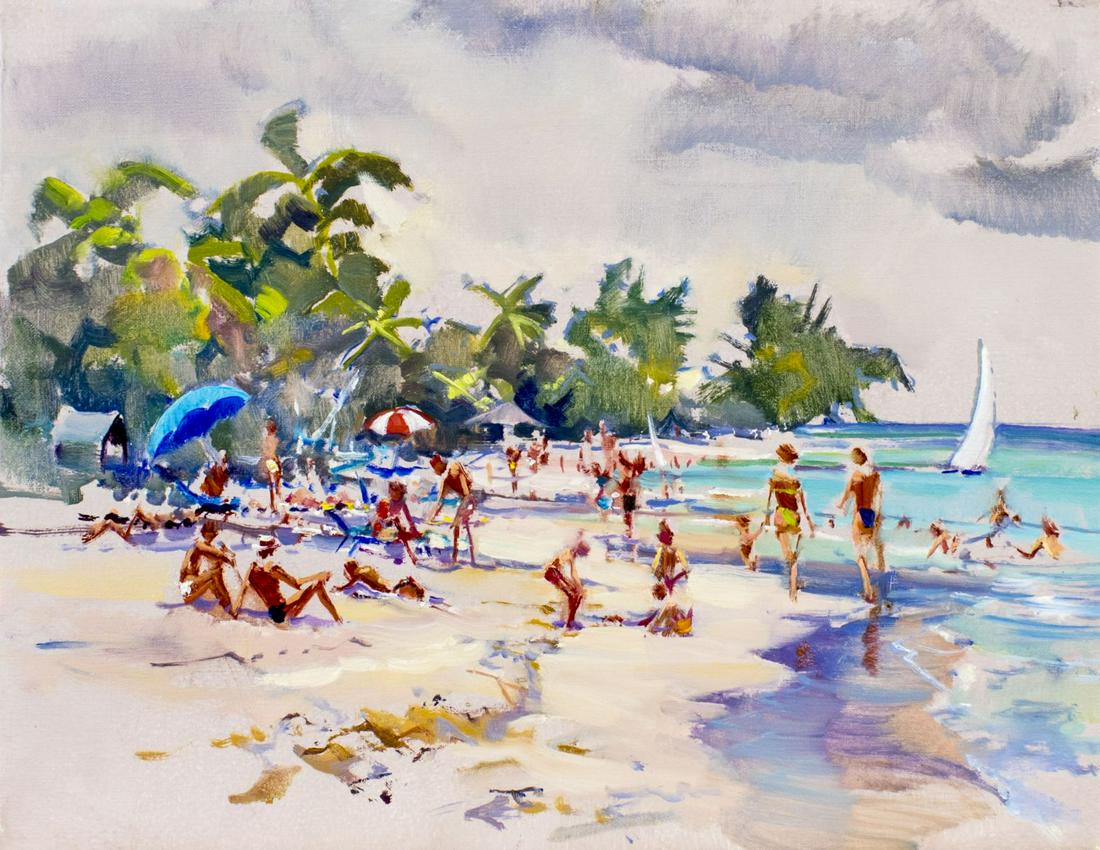 Peter Williams (NY,New Zealand,1934-2018) oil painting: ARTIST: Peter Williams (New York, New Zealand, 1934 - 2018) TITLE: Beach Scene MEDIUM: oil on canvas CONDITION: Very good. No visible inpaint under UV light. ART SIZE: 14 x 18 inches / 35 x 45 cm FRAM