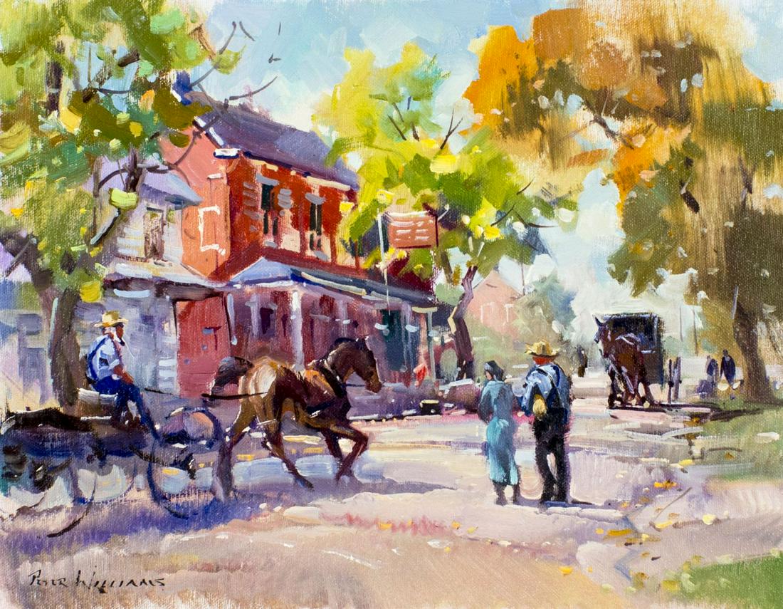 Peter Williams (NY,New Zealand,1934-2018) oil painting: ARTIST: Peter Williams (New York, New Zealand, 1934 - 2018) TITLE: Amish Village MEDIUM: oil on canvas. Canvas applied to board. CONDITION: Very good. No visible inpaint under UV light. ART SIZE: 13 x