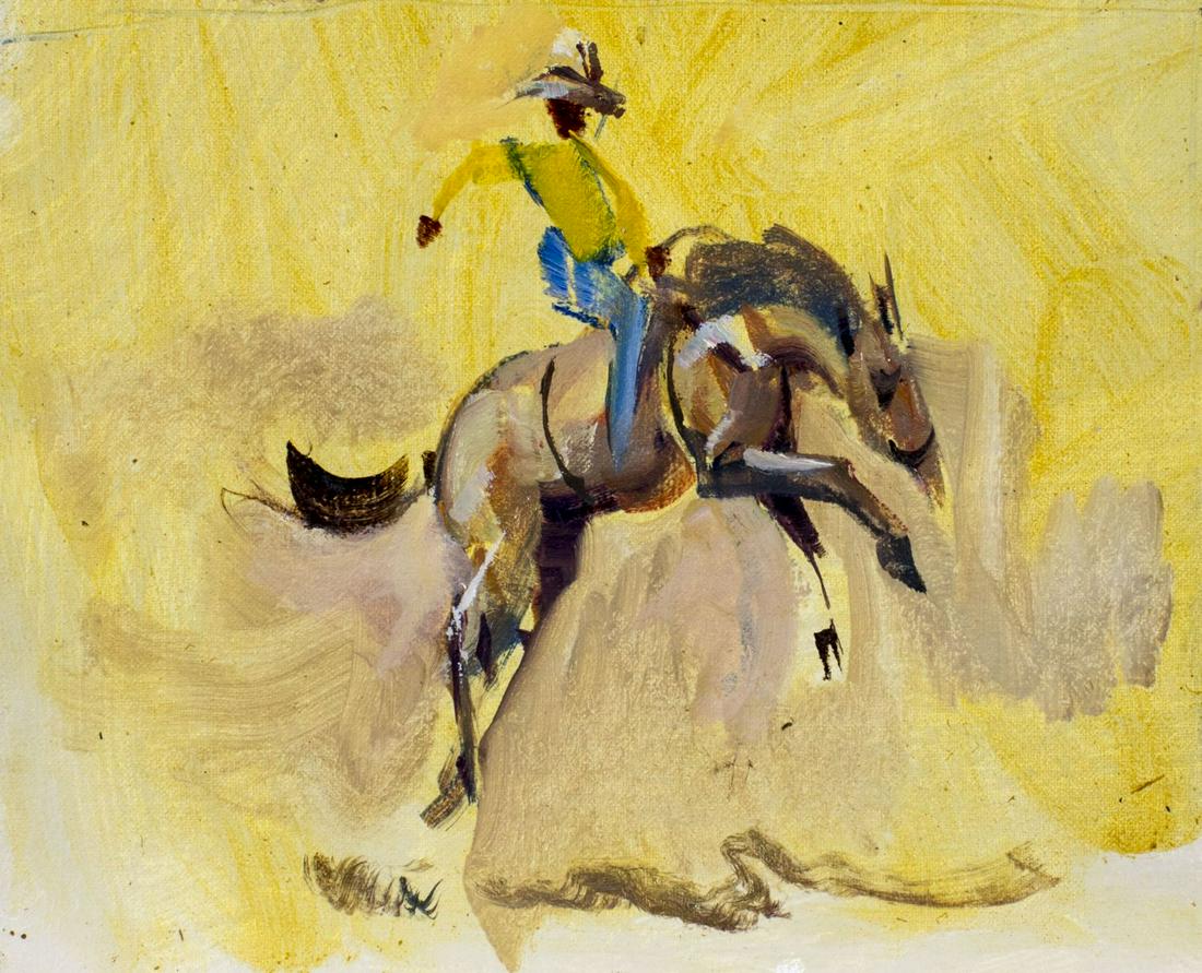 Peter Williams (NY,New Zealand,1934-2018) oil painting: ARTIST: Peter Williams (New York, New Zealand, 1934 - 2018) TITLE: Rodeo Scene MEDIUM: oil on canvas CONDITION: Unmounted. Very good. No visible inpaint under UV light. ART SIZE: 10 x 12 inches / 25 x