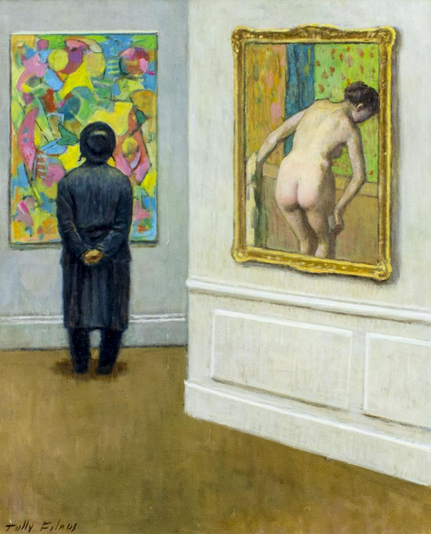 Tully Filmus (NY,1903-1998) oil painting: ARTIST: Tully Filmus (New York, 1903 - 1998) TITLE: Chassid with Nude (titled on stretcher) MEDIUM: oil on canvas CONDITION: Very good. No visible inpaint under UV light. ART SIZE: 24 x 20 inches / 60