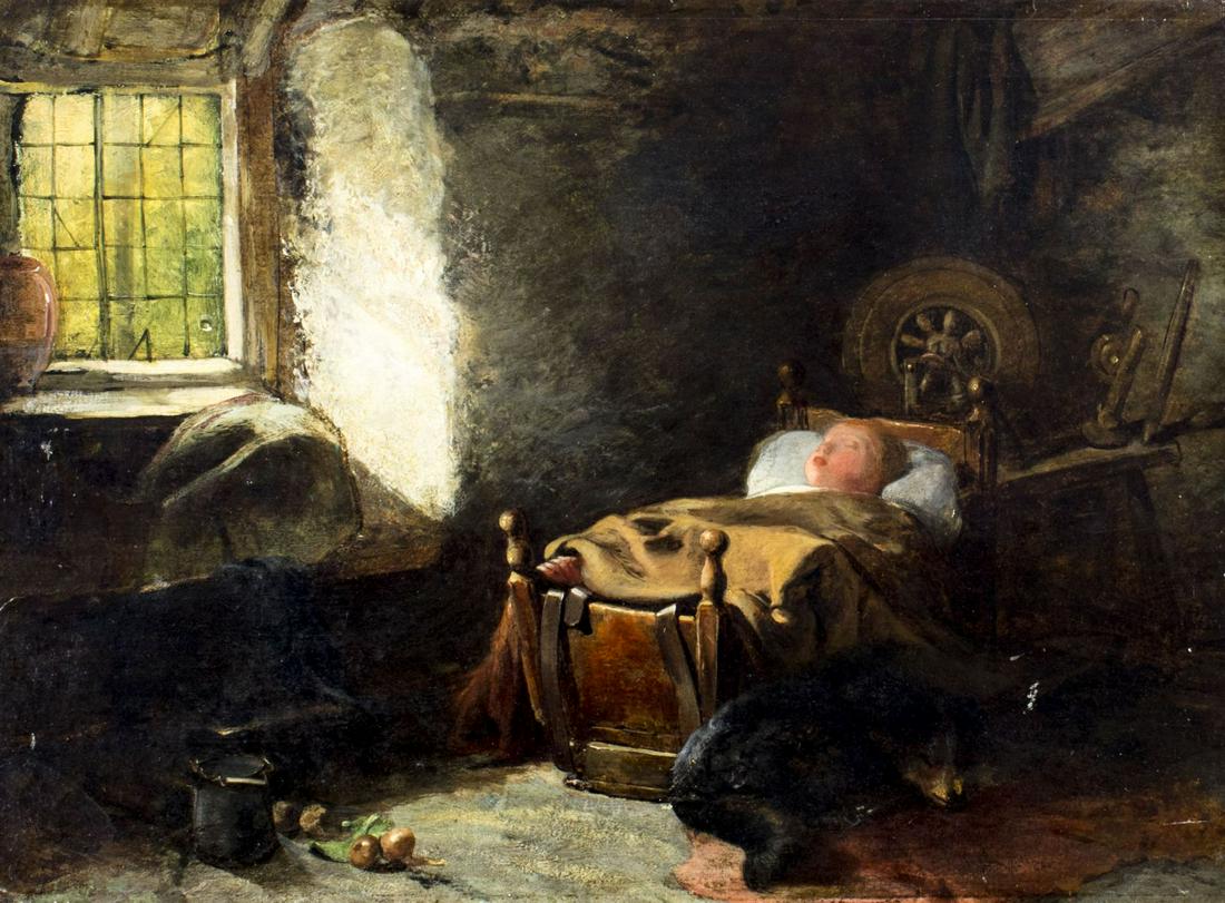 Antique 19C British oil painting: ARTIST: - (United Kingdom, 19 century) NAME: Child Sleeping MEDIUM: oil on board CONDITION: Minor damages to edges and corners. Few minor scratches/paint losses. No visible inpaint under UV light. SIG