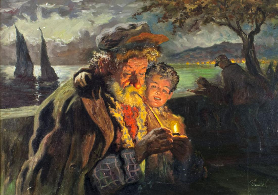 Manuel Casal (Spain,1941-?) oil painting: ARTIST: Manuel Casal (Spanish, 1941 - ???) TITLE: Lighting the Pipe MEDIUM: oil on canvas CONDITION: Some small scratches/paint losses. Minor craquelure. No visible inpaint under UV light. ART SIZE: 2