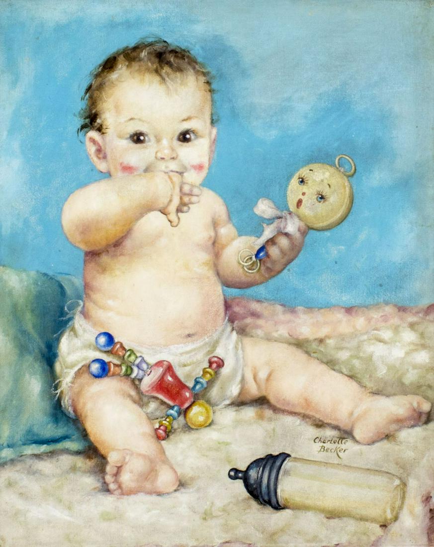 Charlotte Becker (NY,German,1901-1984) oil painting: ARTIST: Charlotte Cox Becker (New York, Germany, 1901 - 1984) NAME: Baby Boy with Toys MEDIUM: oil on canvas board CONDITION: Missing a few flakes of paint. No visible inpaint under UV light. Wear to 