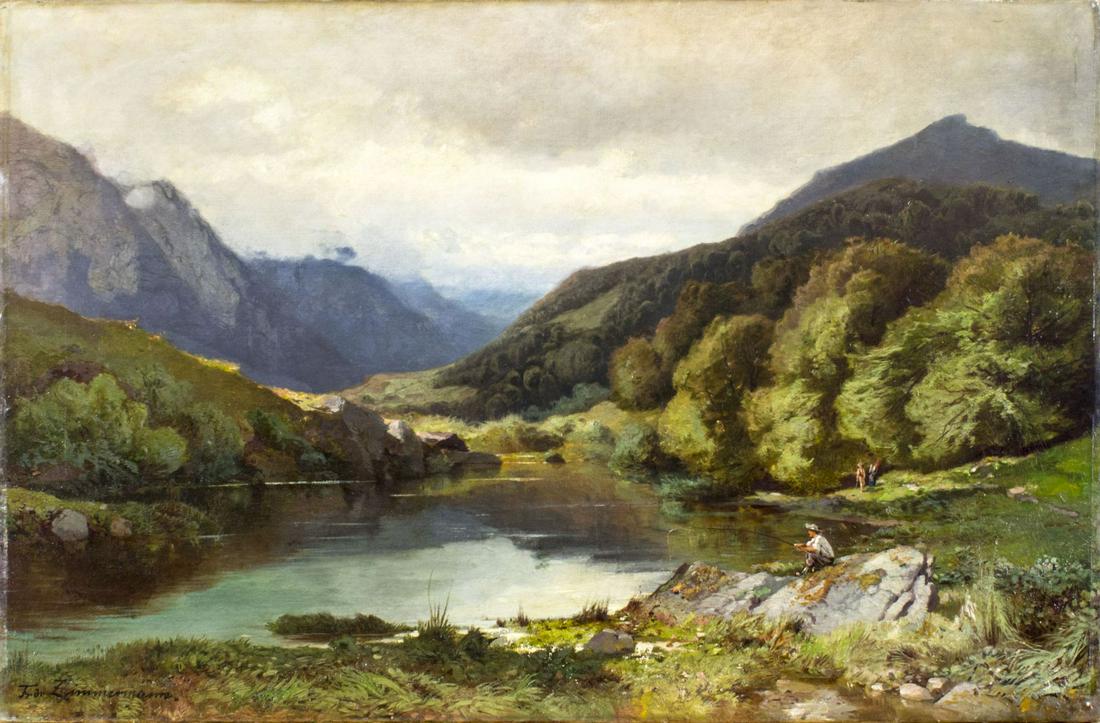 Friedrich Zimmermann (Swiss,1823-1884) oil painting antique: ARTIST: Fred Zimmerman (Switzerland, 1823 - 1884) NAME: Mountain Lake Landscape MEDIUM: oil on canvas CONDITION: Few minor paint losses. Some craquelure. No visible inpaint under UV light. SIGHT SIZE: