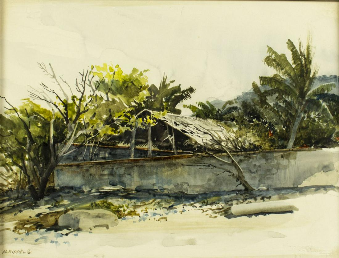 Morris Rippel (NM,AZ,1930-2009) watercolor painting: ARTIST: Morris Conrad Rippel (New Mexico, Arizona, 1930 - 2009) NAME: Sea Wall - Jalisco MEDIUM: watercolor on paper CONDITION: Excellent. Framed under glass. SIGHT SIZE: 9 x 12 inches / 23 x 30 cm FR