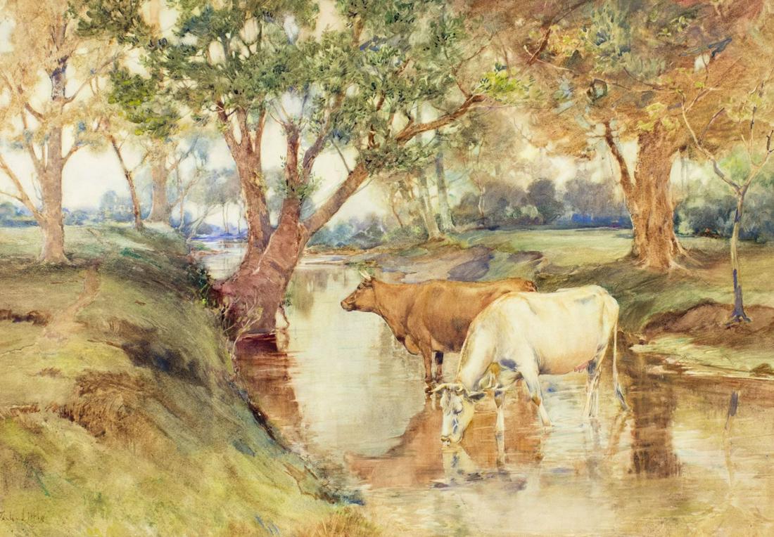 John Wesley Little (PA,1867-1923) watercolor painting antique: ARTIST: John Wesley Little (Pennsylvania, 1867 - 1923) TITLE: Stream Landscape with Cows MEDIUM: watercolor on board CONDITION: 6" long tear to left edge. Some damages to edges. Some age toning. ART S