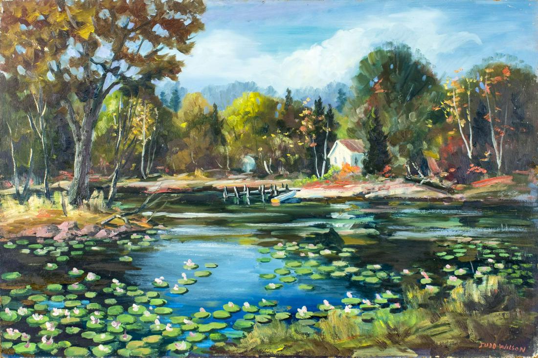 Judd Wilson (NJ,20C) oil painting: ARTIST: Judd Wilson (New Jersey, 20 century) TITLE: Pond Landscape MEDIUM: oil on board CONDITION: Few small paint losses. Normal wear along edges. No visible inpaint under UV light. ART SIZE: 24 x 36