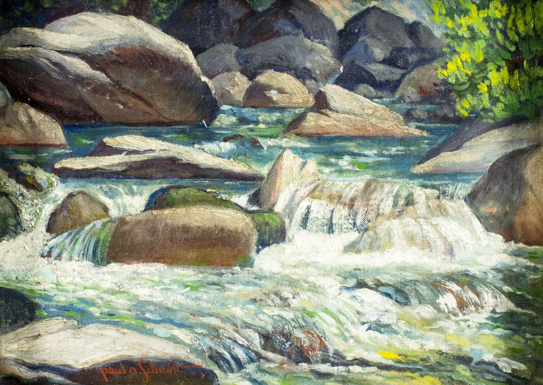 Paul Schmitt (CA,1893-1983) oil painting: ARTIST: Paul Anton Schmitt (California, 1893 - 1983) NAME: Landscape - Clarks Fork, Sonora Pass (titled on verso) MEDIUM: oil on canvas. Canvas applied to board. CONDITION: Overall good. Very minor cr